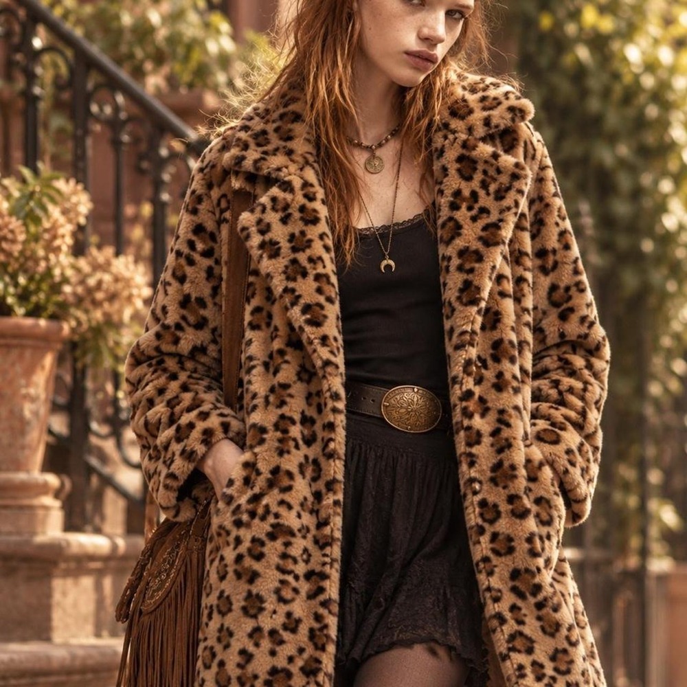 Womens Leopard Print Faux Fur Coat Brown Tan Animal Print Notched Lapel Jacket